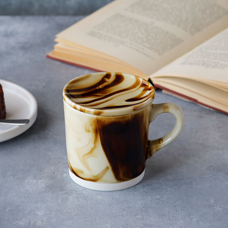 ペアマグカップ 蓋付 マーブル 390cc ブルー×ブラウン 箱入り 送料無料