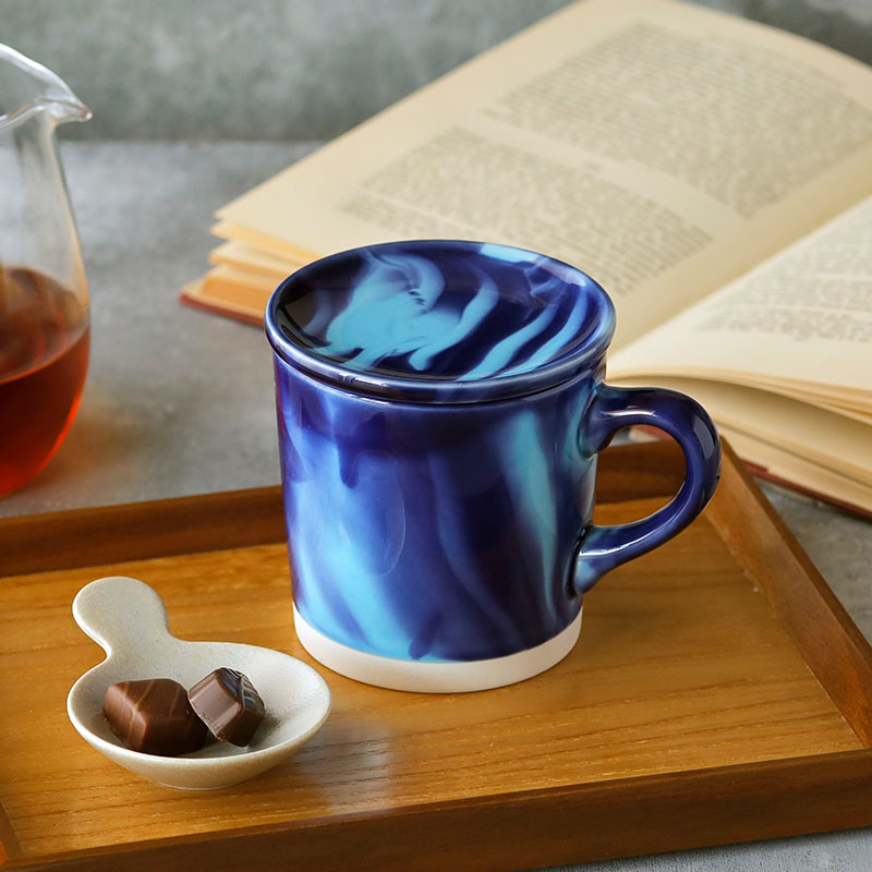 ペアマグカップ 蓋付 マーブル 390cc ブルー×ブラウン 箱入り 送料無料