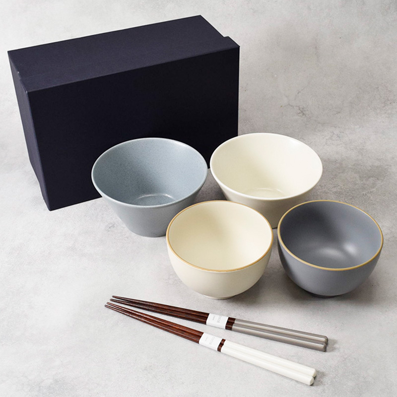 食器ギフト おしゃれカラーのお茶碗＆お椀＆箸ペアセット 送料無料 グレー×ホワイト