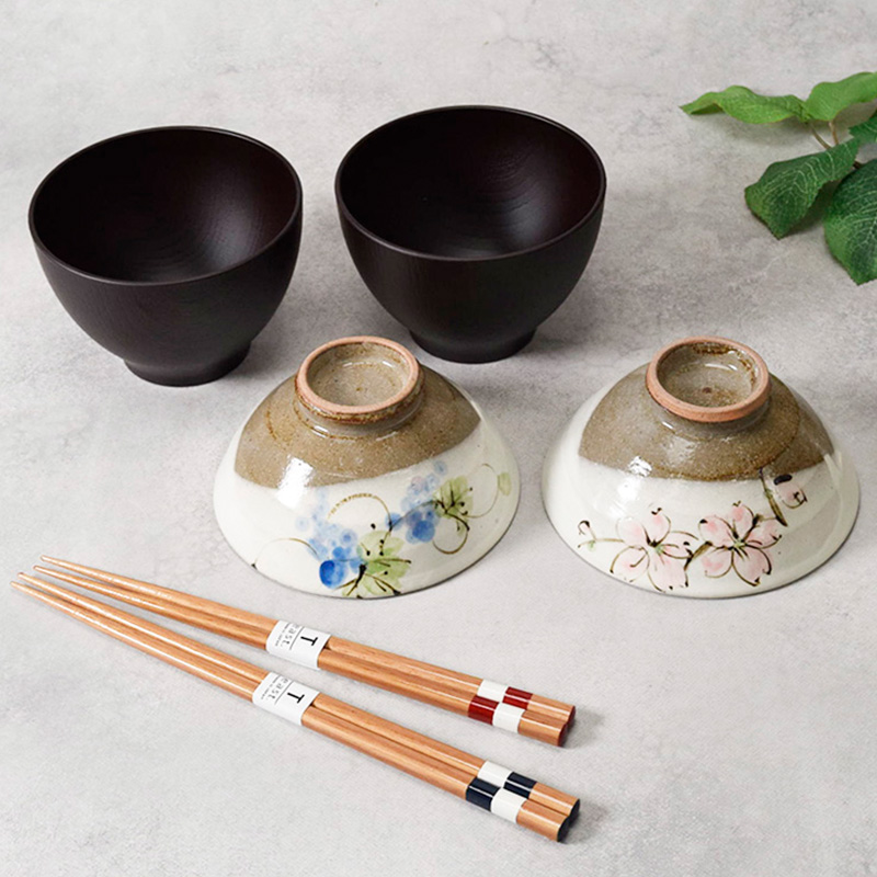 和食器ギフト 手描きのお茶碗＆お椀＆箸ペアセット 送料無料 桜×葡萄