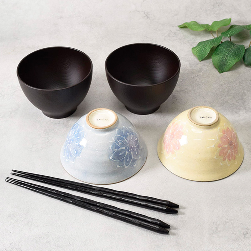 和食器ギフト 淡彩花お茶碗＆お椀＆箸ペアセット 送料無料 ブルー×オレンジ