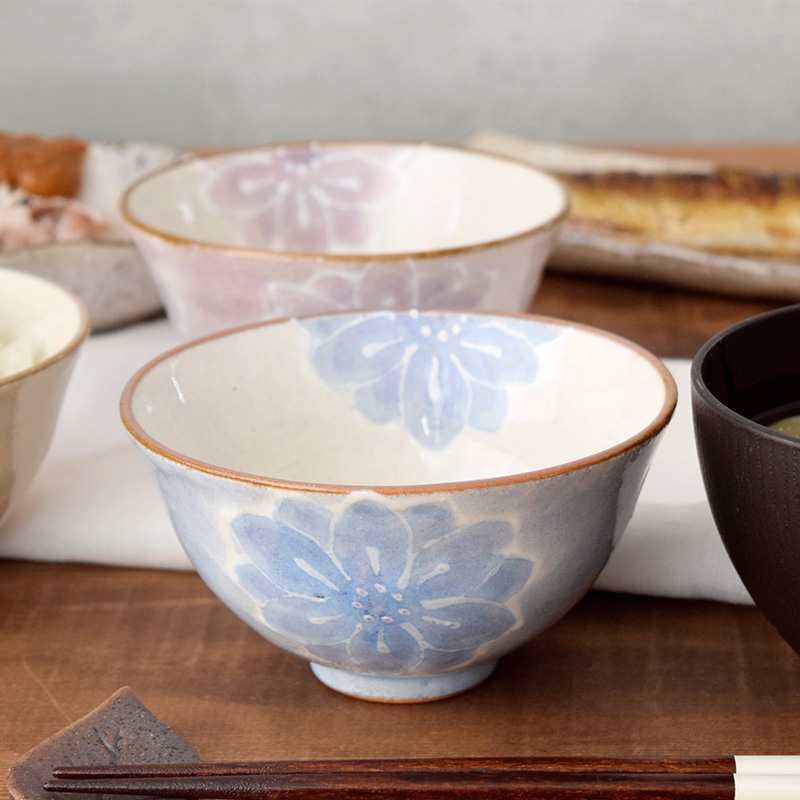 和食器ギフト 淡彩花お茶碗＆お椀＆箸ペアセット 送料無料 ブルー×オレンジ