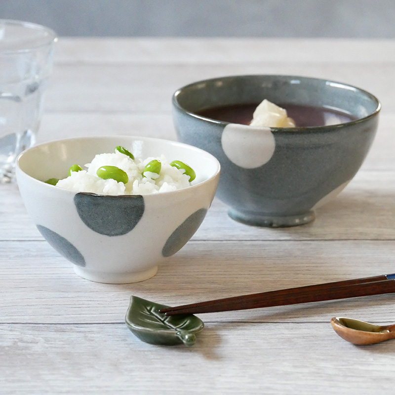 ほっこり水玉お茶碗＆お椀＆箸ペアセット 送料無料 グレー×白