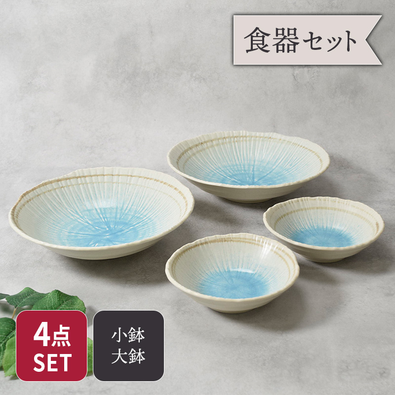 大鉢 ＆取り鉢 2人用 ボウル 4枚セット 2サイズ×各2枚 雫 和食器 セット 美濃焼