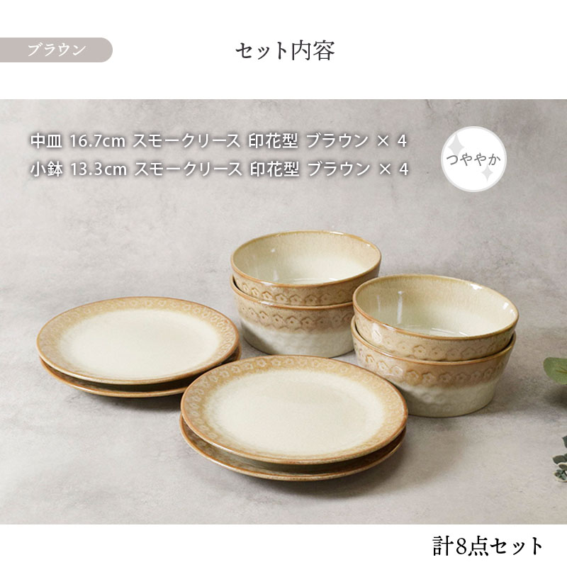 中皿 ＆ 小鉢 4人用 8点セット スモークリース 印花型 デザインと使い方