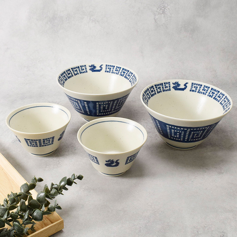 ラーメンどんぶり 16.8cm ＆ お茶碗 11.5cm 各2点 合計4点セット 雷紋龍 中華食器