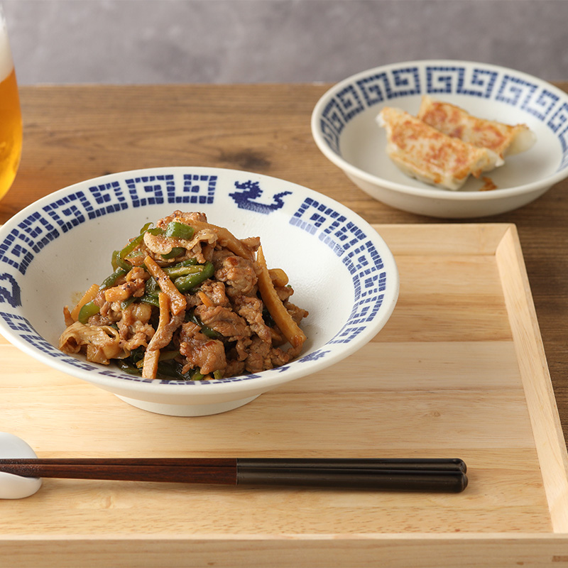 高台皿 18.5cm ＆ 小皿 14cm 各2点 合計4点セット 雷紋龍 中華食器