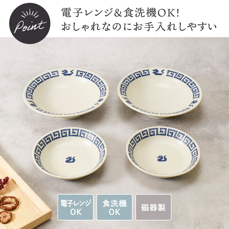 高台皿 18.5cm ＆ 小皿 14cm 各2点 合計4点セット 雷紋龍 中華食器