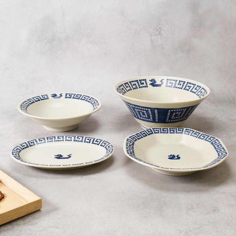 ラーメンどんぶり 21cm ＆ 八角皿 18.5cm ＆ 楕円皿 19.5cm ＆ 高台皿 18.5cm 各1点 合計4点セット 雷紋龍 中華食器