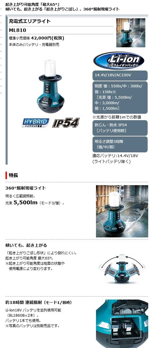 最安値】マキタ ML810 充電式エリアライト :ML810:職人ジャパン - 通販 