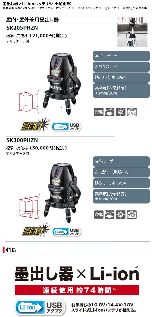 マキタ 墨出し器 SK205PHZN Li-inoUSBアダフタ利用タイプ縦・横・片が