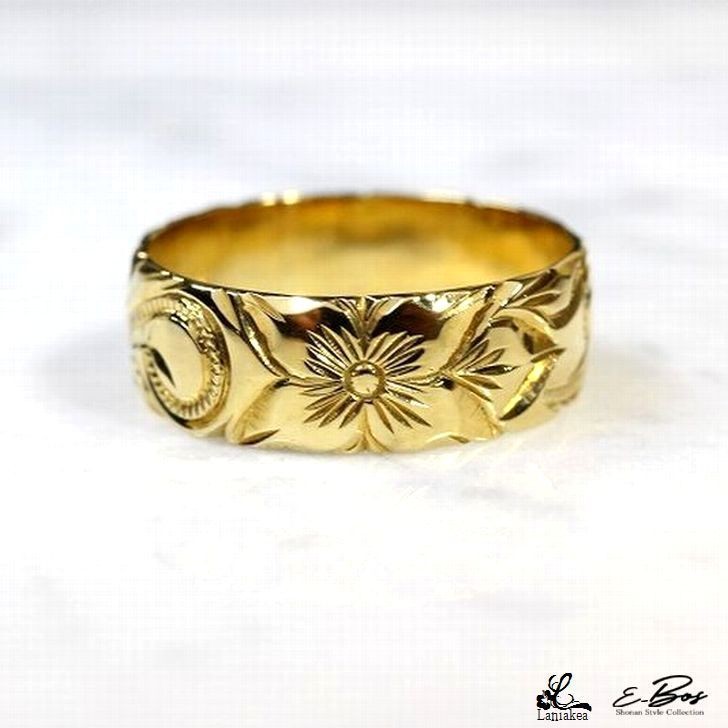 ハワイアンジュエリー リング Laniakea K18 18金 手彫り 指輪 7mm幅 豪華 マリッジリング 結婚指輪 ゴールド リング メンズ  レディース lfp023