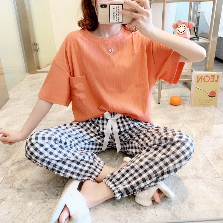 パジャマ ルームウェア レディース 春夏 半袖 パジャマ 可愛い 大きいサイズ 部屋着 チェック柄 パジャマ ロングパンツ上下セット 寝間き  綿ルームウェア 女性 :ok148914:FastFast 通販 