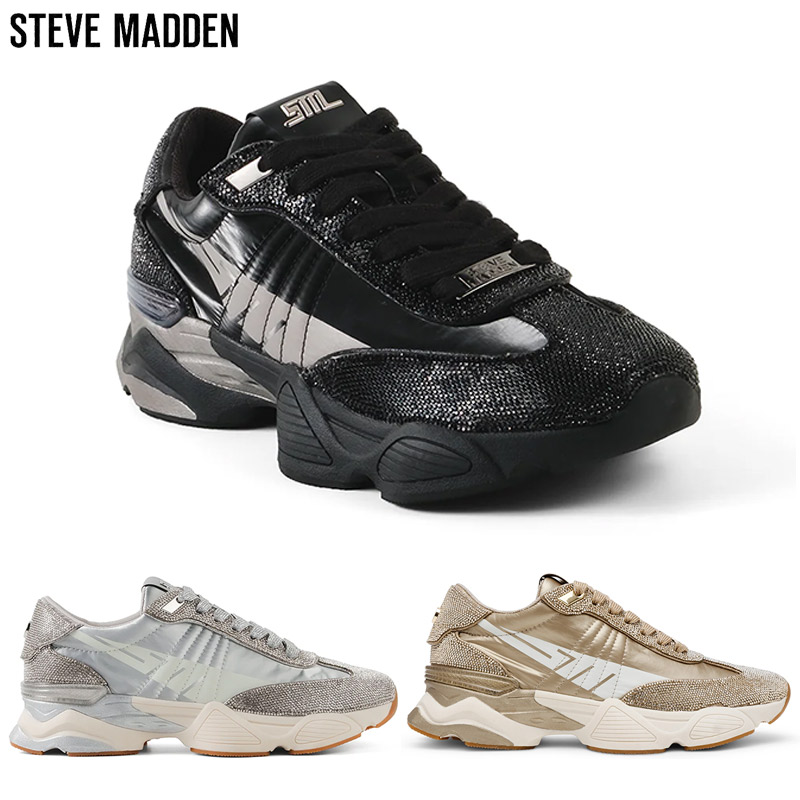 ヒール3.5cm スティーブマデン レディース ラインストーンスニーカー 靴 シューズ カジュアル おしゃれ スニーカー ブラック 黒 シルバー 送料無料 STEVE MADDEN SETBACK-R-VA ヒール3.5cm スティーブマデン レディース ラインストーンスニーカー