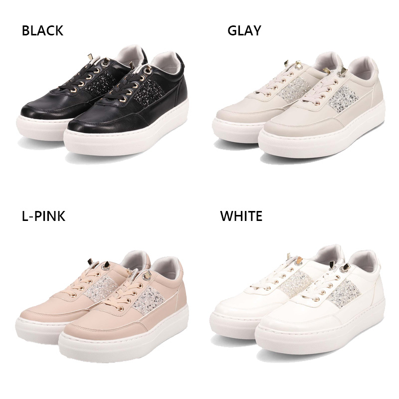 3E 幅広 ワイド ヒロココシノファム レディース ゴムのシューレースで履きやすい グリッターが華やかなスニーカー スニーカー 靴 シューズ ホワイト 白 ブラック 黒 グレー ピンク 灰色 送料無料 HIROKO KOSHINO FEMME HRL2016 3E 幅広 ワイド ヒロココシノファム レディース ゴムのシューレースで