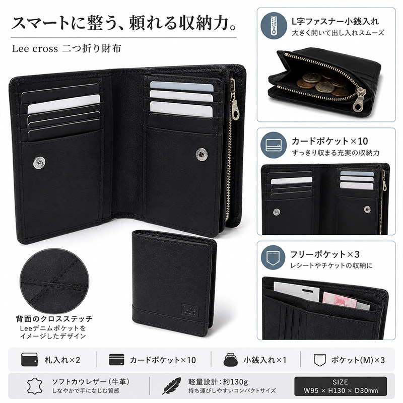 リー バッグ メンズ レディース 二つ折り財布 Lee cross レザー 牛革