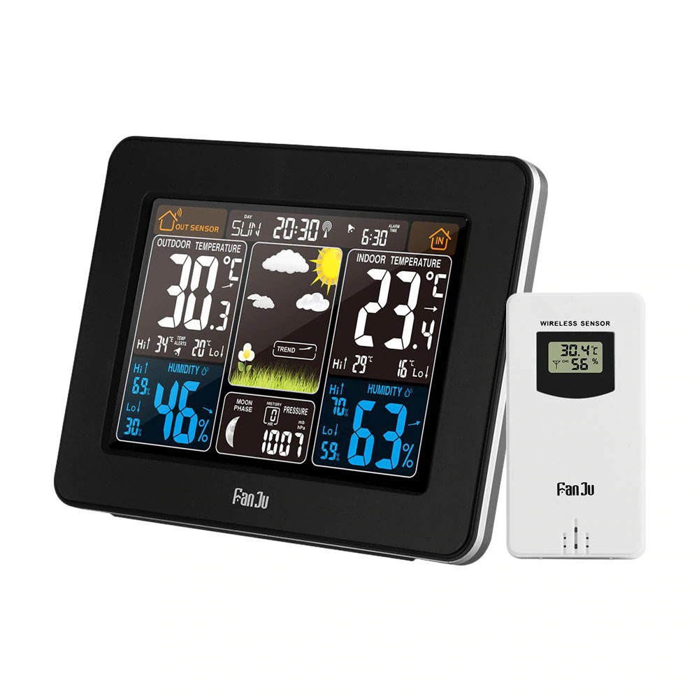 ワイヤレス 室内外温湿度計 デジタル 温度計 湿度計 時計 室内 室外 同時計測 天気予報 アラーム 温度 湿度 スヌーズ バックライト 多機能