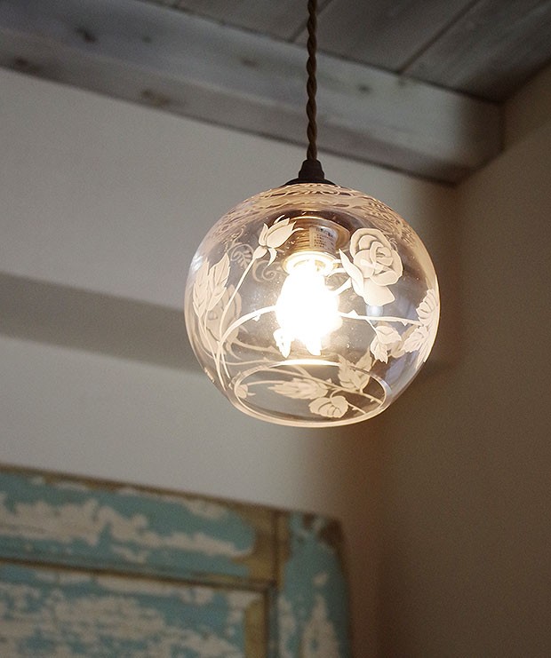 サンドブラスト ペンダントライト 可愛い 薔薇 花 可憐 日本製 ガラス