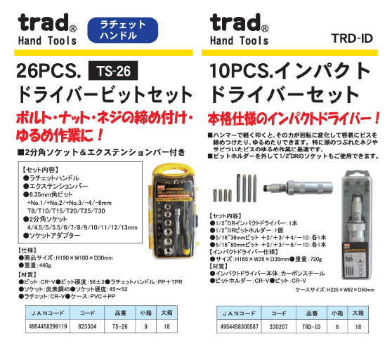 まとめ）TRAD ドライバーセット/作業工具 〔26個入〕 2分角ソケット