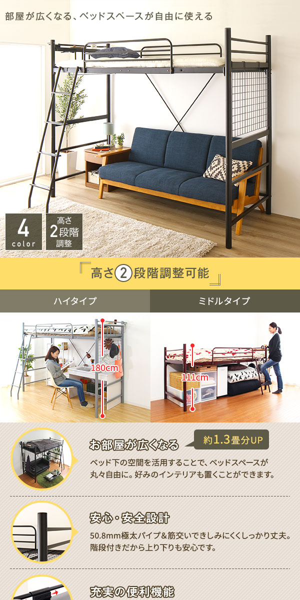【直接引き渡し】グレーメタル　ロフトベッド　シングル 楽天市場】ロフトベッド シングル 薄型3つ折りポケットコイル