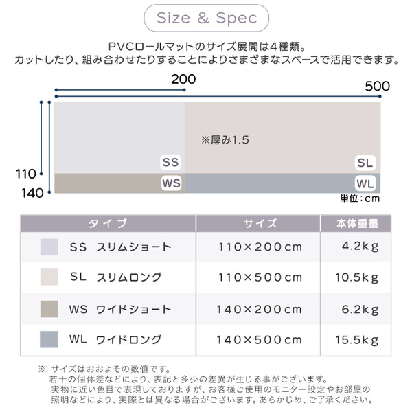 継ぎ目がない PVCロールマット スリムロング（約110×500cm