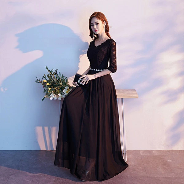 ロングドレス 袖付き 結婚式ワンピース 演奏会用ドレス Aライン