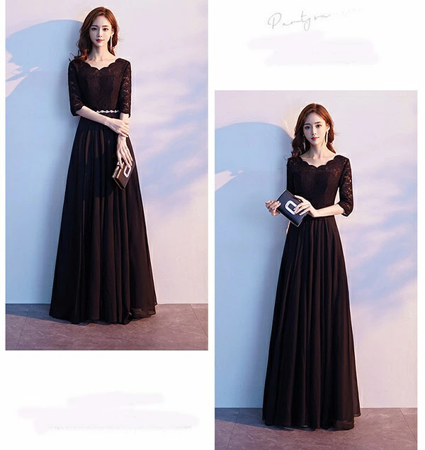 ロングドレス 袖付き 結婚式ワンピース 演奏会用ドレス Aライン