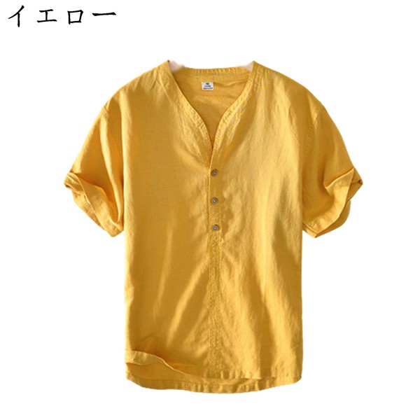 リネンシャツ メンズ Tシャツ カジュアルシャツ 半袖 夏用 ヘンリーネック 大きいサイズ 和風 お...