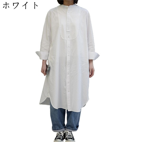 チュニック ロング丈 ワンピース 長袖 ロングシャツ Tシャツ スキッパー 膝下丈 無地 薄手 春着 夏服 綿 コットン シンプル 日系｜shop-kaeru｜02