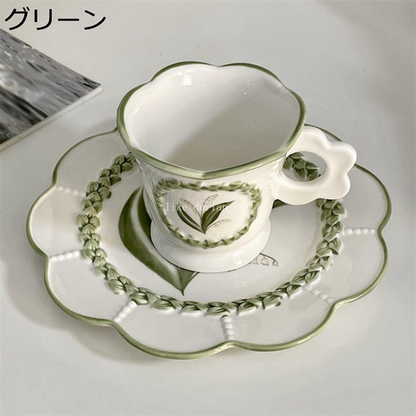 コーヒーカップ セット 花柄 フリル 浮き彫り ソーサー Tea Set コップ 225ml ティー...