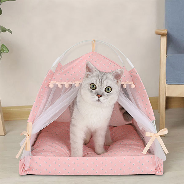 かわいい 折りたたみ ポータブル 猫用 ベッド L 50×50×45cm ドーム型 テント 夏 キャットハウス おしゃれ ペットテント 小型ペット用 ポンポン付き 隠れ家