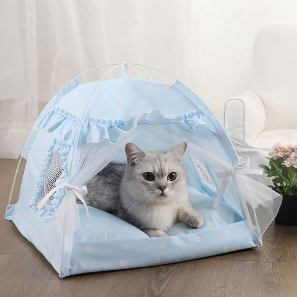 猫 ネコ べッド テント ポータブル 通気性 猫小屋 M 40×40×35cm 犬小屋 屋内 屋外 花柄 折りたたみ フリル メッシュ レース リボン かわいい おしゃれ