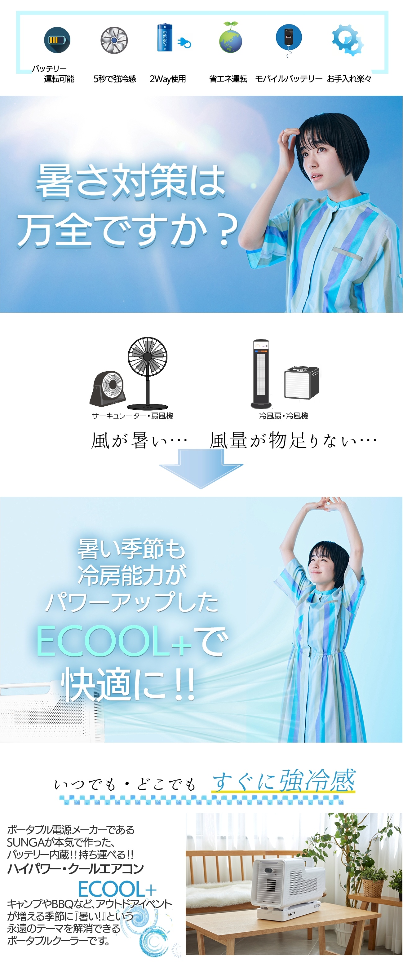 SUNGA ポータブルクーラー ECOOL+ バッテリー付 スポットクーラー 小型