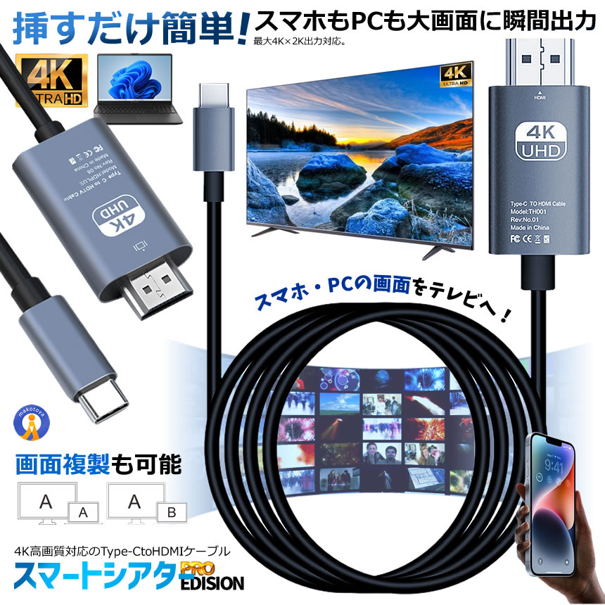Type-C to HDMI 変換ケーブル 2m USB-C HDMI ケーブル 4K対応 60Hz 映像出力 テレビ 接続 KODEADA 関連画像1