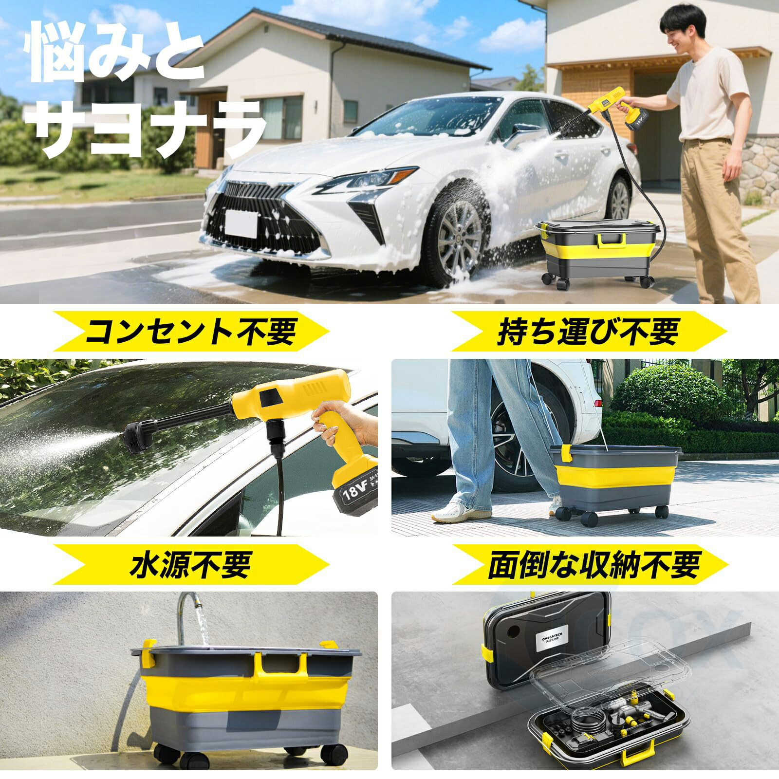 高圧洗浄機 20L折り畳みバケツ コードレス 充電式高圧洗浄機 6in1