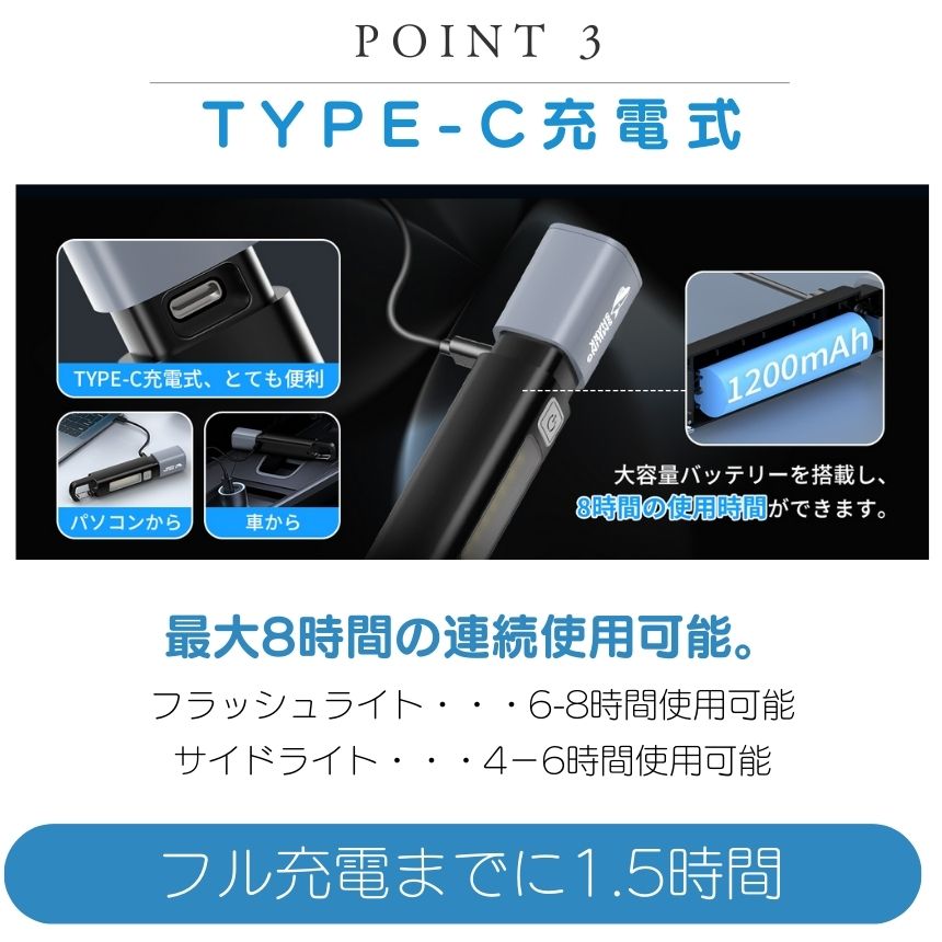 懐中電灯 充電式 小型 ズーム フック カラビナ ハンディライト led