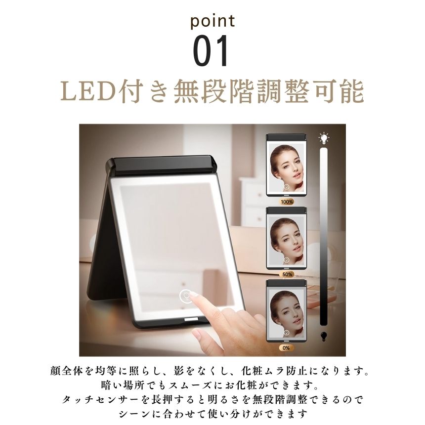 鏡 手鏡 コンパクト ミラー ライト付き LED 拡大鏡 コンパクトミラー