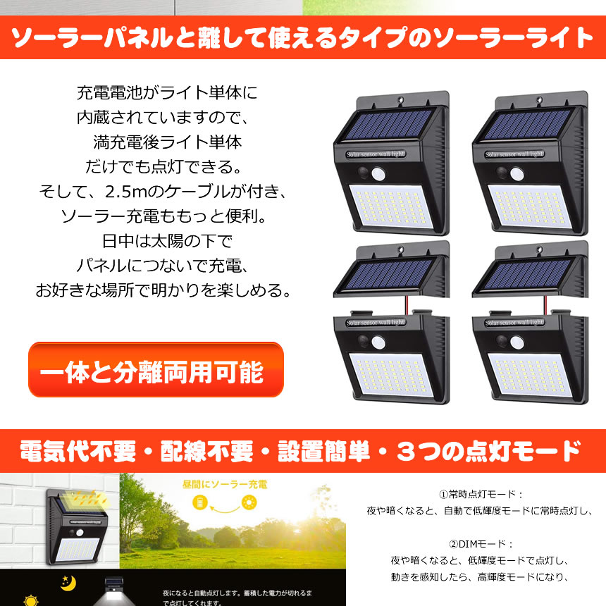 全国どこでも送料無料全国どこでも送料無料センサーライト 2個セット 分離型 64LED 屋外 LED ソーラーライト パネル分離 太陽光発電 防犯  防水 玄関 庭 屋外 2TERA 屋外照明