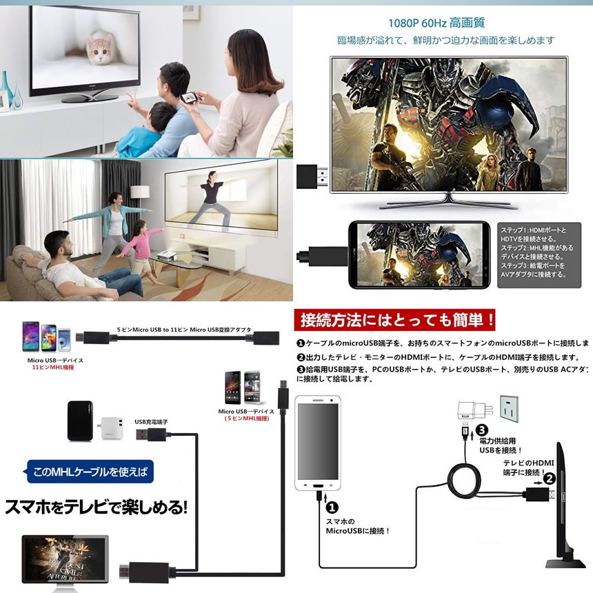 19V型液晶テレビ HDMI 2ポート MHL対応 スマホ テレビ 接続 ケーブル2m MHLケーブル hdmi tv 出力 MHL対応