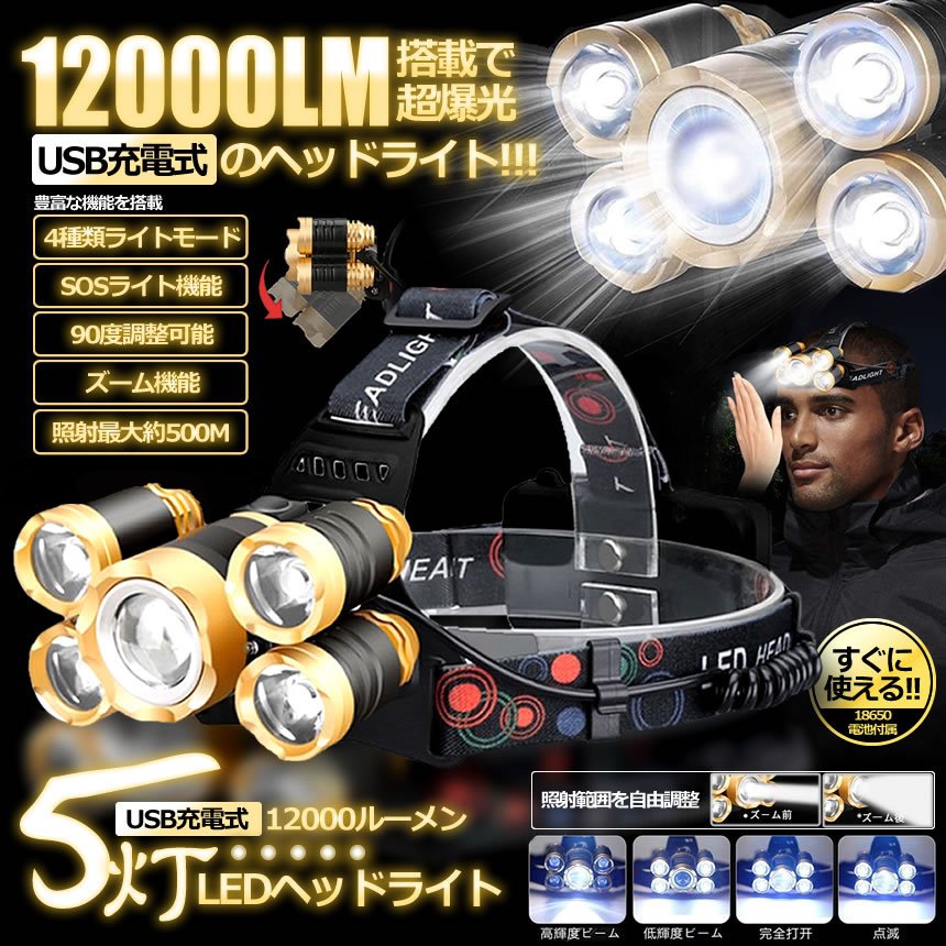 中古】【中古】USB充電式 12000LEDヘッドライト 4つのモード 照明 ズーム機能 90度調整 500M IPX4防水 2-12LMHDL ライト、ランタン 