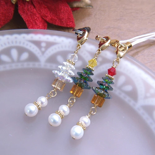 スノーマン ストラップチャーム メール便 ストラップ クリスマスツリー ＆ 雪だるま スワロフスキー