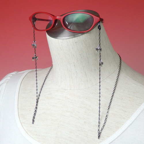 メール便 メガネチェーン リボン チャーム ブラックチェーン 眼鏡