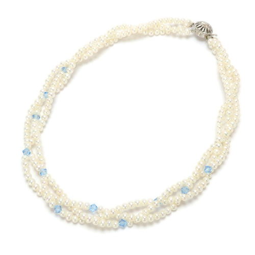 ギフトケース入り 三連 ネックレス 淡水真珠 ブルー スワロフスキー 三