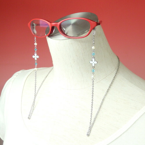 メール便 メガネチェーン 白いお花 ＆ パール スワロフスキー