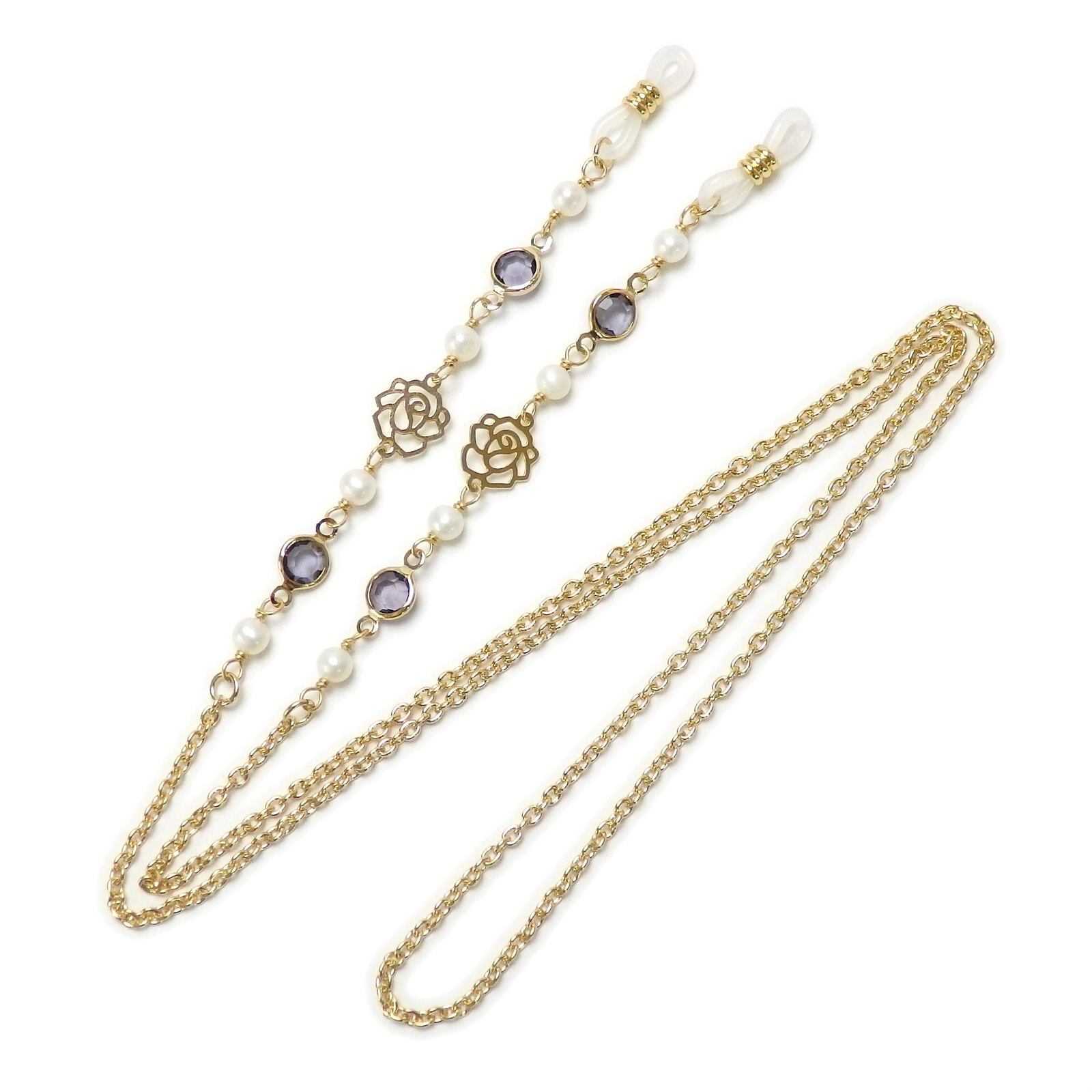 メール便 メガネチェーン ローズ ＆ シャネルストーン 淡水パール 淡水