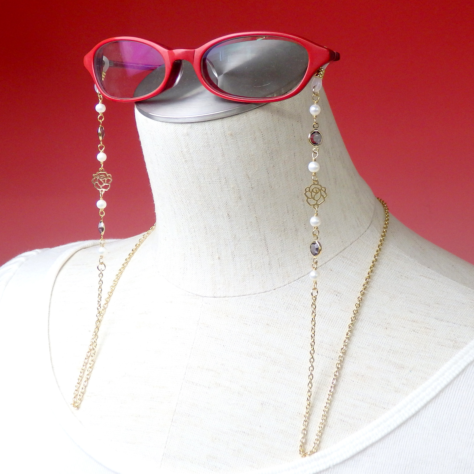 メール便 メガネチェーン ローズ ＆ シャネルストーン 淡水パール 淡水