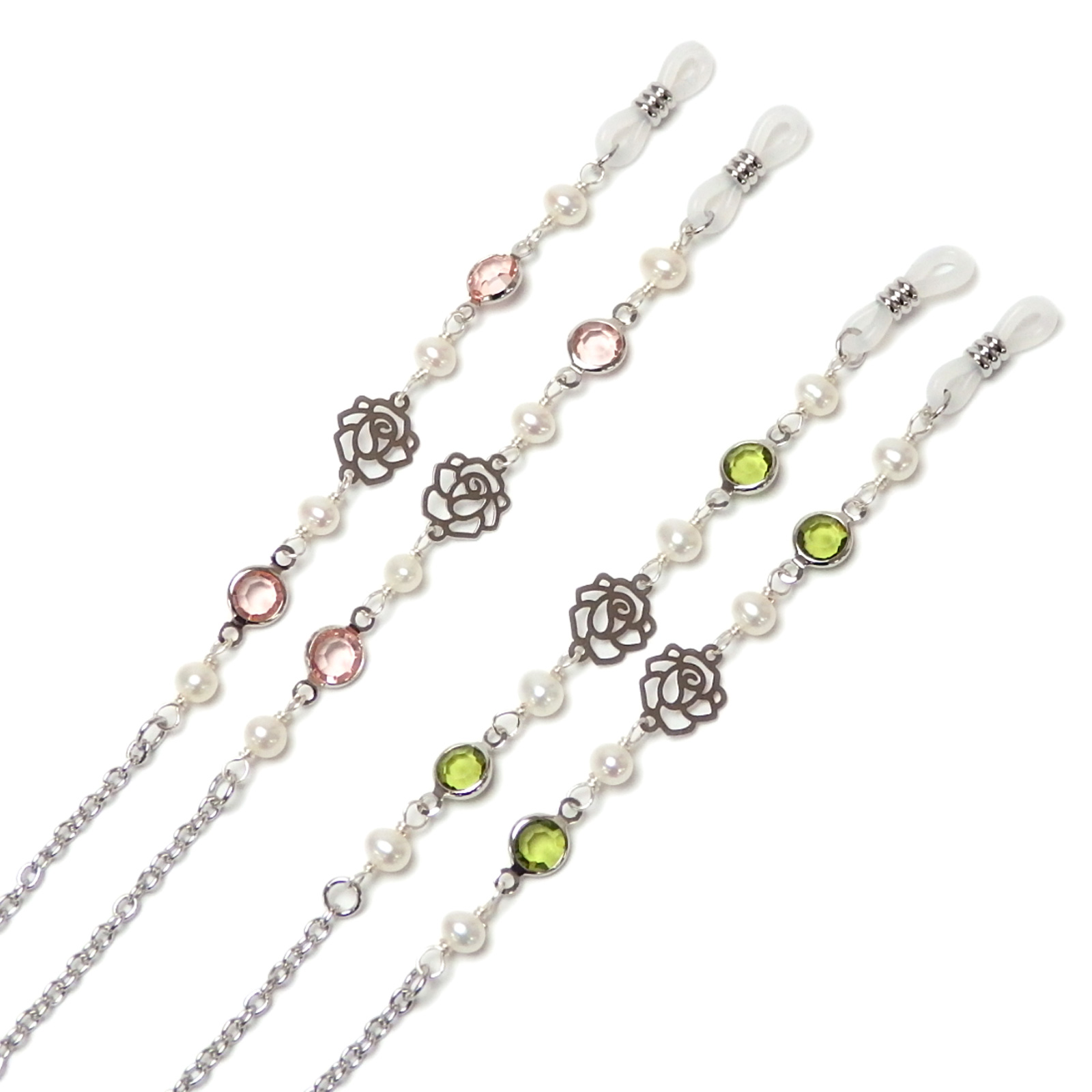 メール便 メガネチェーン ローズ ＆ シャネルストーン 淡水パール 淡水