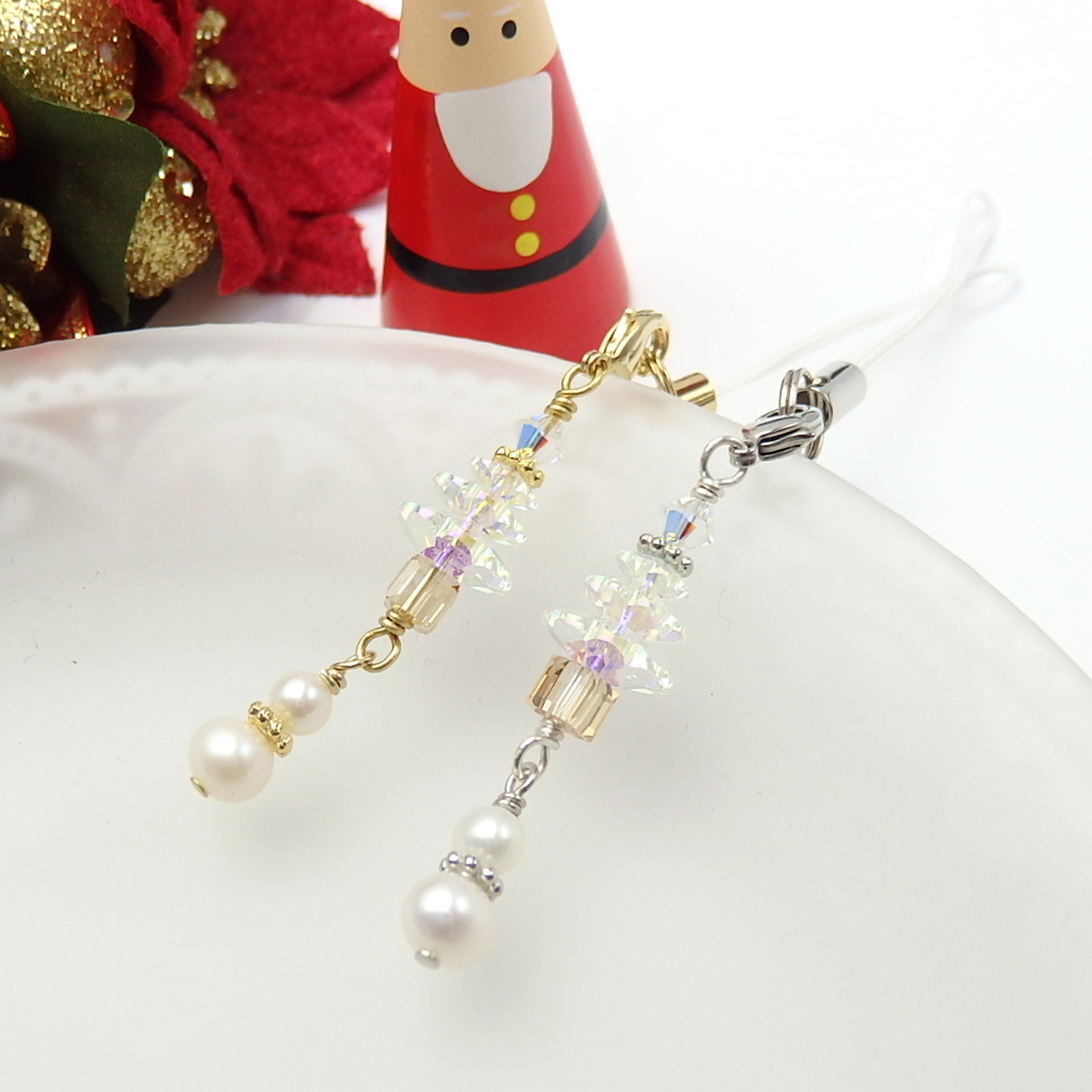 スノーマン ストラップチャーム メール便 ストラップ クリスマスツリー ＆ 雪だるま スワロフスキー