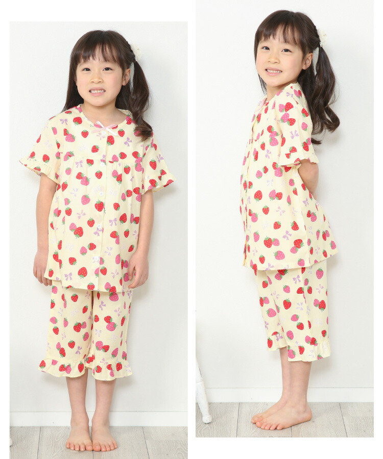 パジャマ キッズ 女の子 半袖 綿100％ 前開き 100 110 120 130 サイズ 夏 袖口フリル ハーフパンツ かわいい リボン いちご ユニコーン 子供 保育園 幼稚園 小学生 ルームウェア