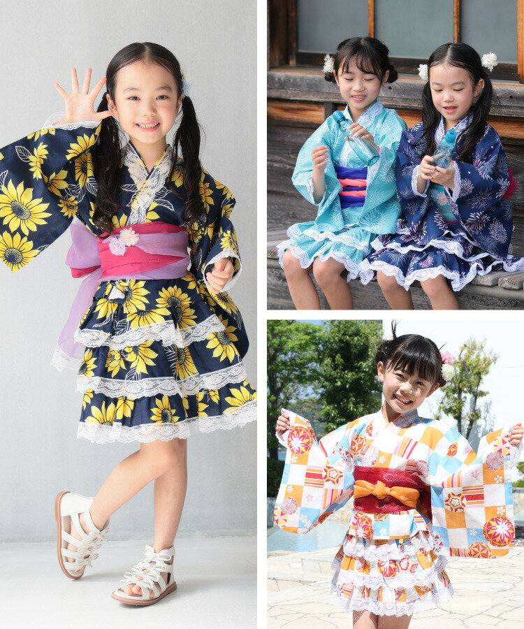 浴衣 子供 セパレート 女の子 浴衣ドレス 4点セット フリル付き 帯2本 綿100％ キッズ 甚平 幼児 保育園 幼稚園 ゆかた 市松 手毬 八重桜 紫陽花 アジサイ 向日葵 ひまわり ヒマワリ マリン 縞 夏 夏祭り 愛々 Ai-Ai